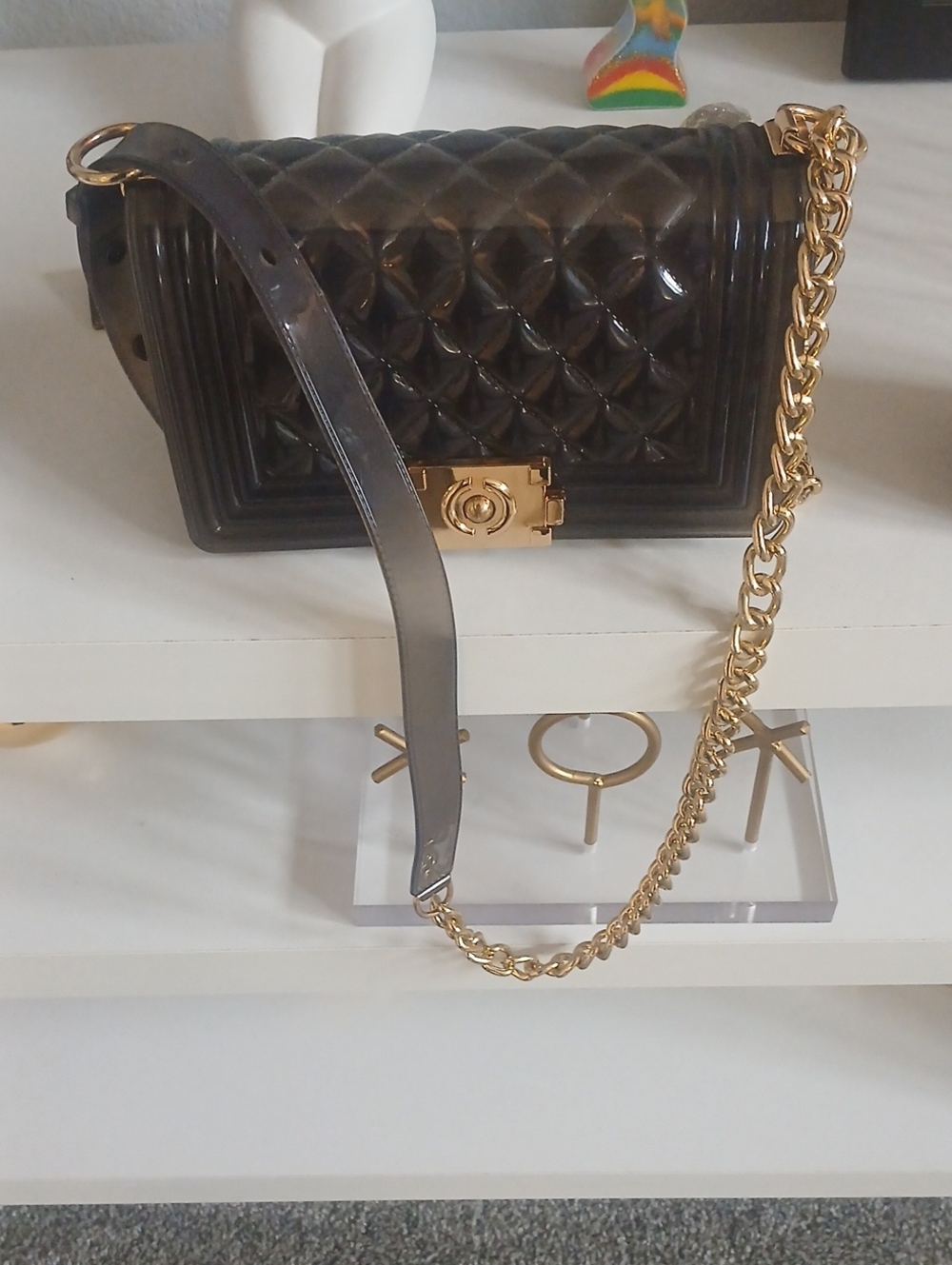 Black Quilted Chain Shoulder Bag with Gold Hardware